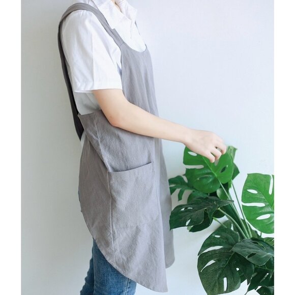 Japanese Apron Halter Cross Back Bandage X Shape Aprons Two Pockets Cotton Linen - Picture 6 of 9